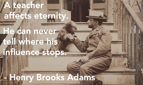 Henry Brooks Adams seating on steps with dog Henry Brooks Adams seating on steps with dog