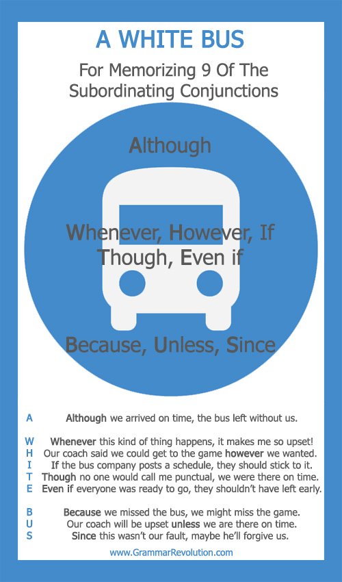 the subordinating conjunction a white bus